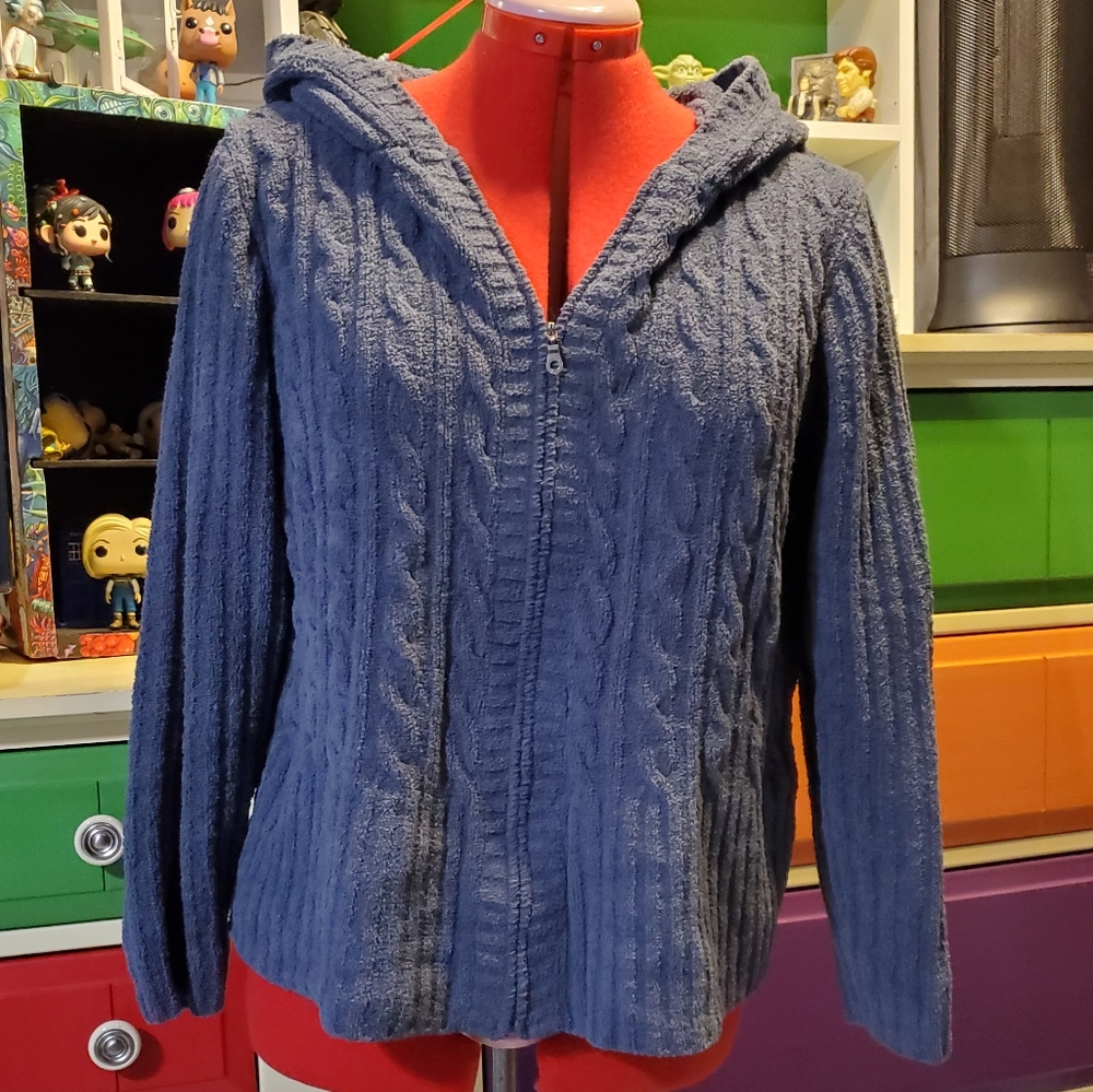 Sonoma knitted soft polyester zip up hooded long sleeved blue cardigan size L